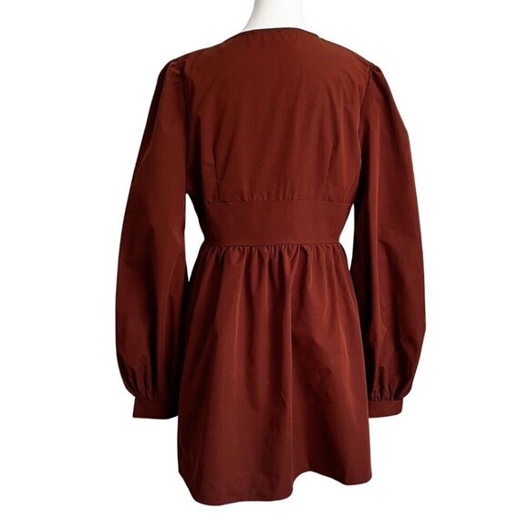 PRETTYLITTLETHING BUTTON FRONT PUFF SLEEVE SKATER SKIRT IN BROWN - 10 - Picture 4 of 13